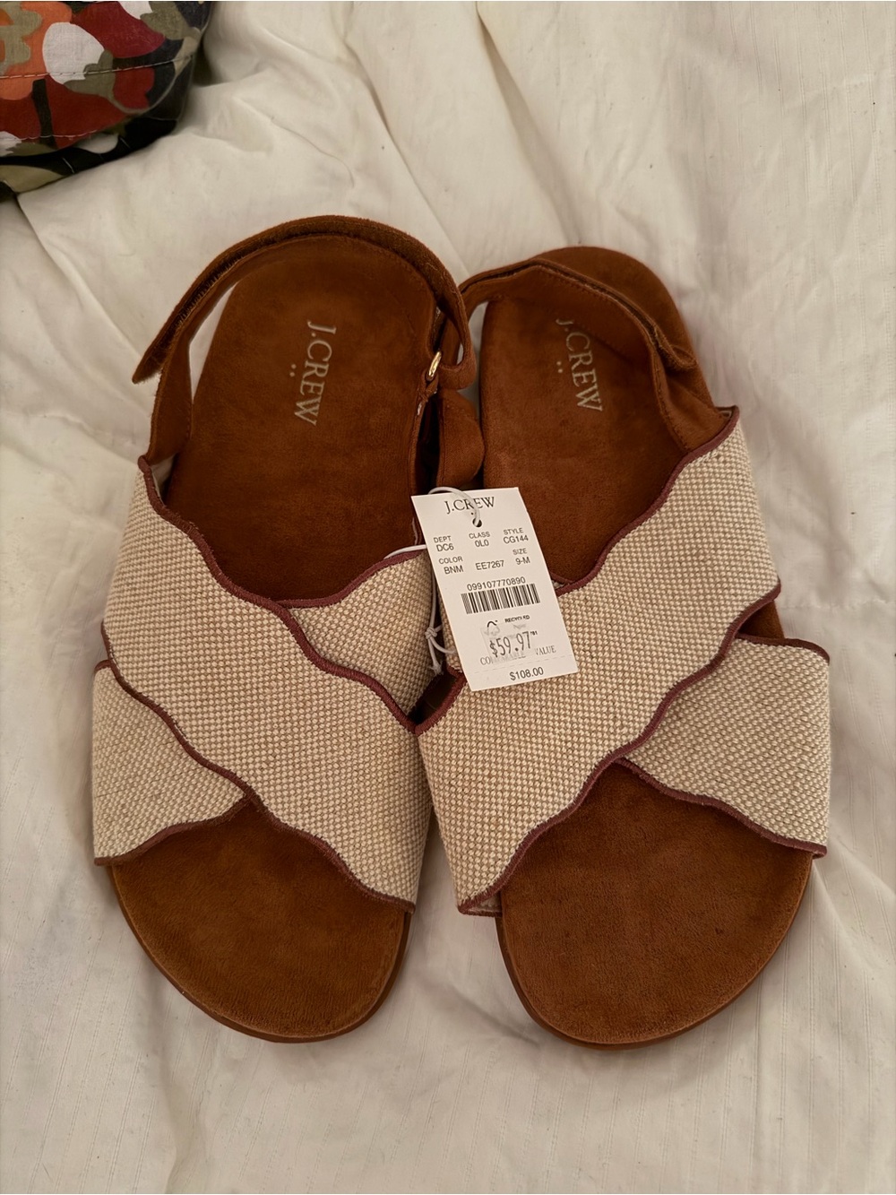 J. Crew Brown Suede Sandal with Cream Scalloped Straps